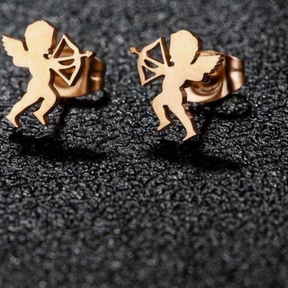 Stainless Steel Gold Cupid Angel Bow and Arrow Earrings, Cupid Stud Earrings - Picture 4 of 5